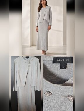 St. John Set Light Gray Silver Knit Maxi Skirt and Jacket Size 14 Or XL